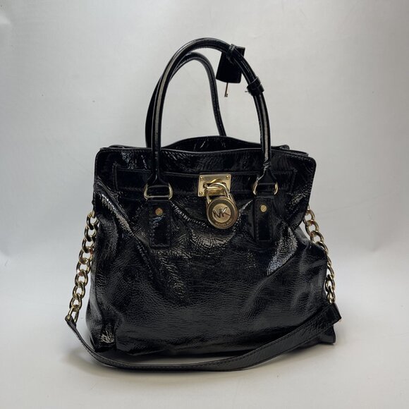 Michael Kors Hamilton Large Saffiano Leather Bag Golden Padlock & Key Black - Picture 1 of 14